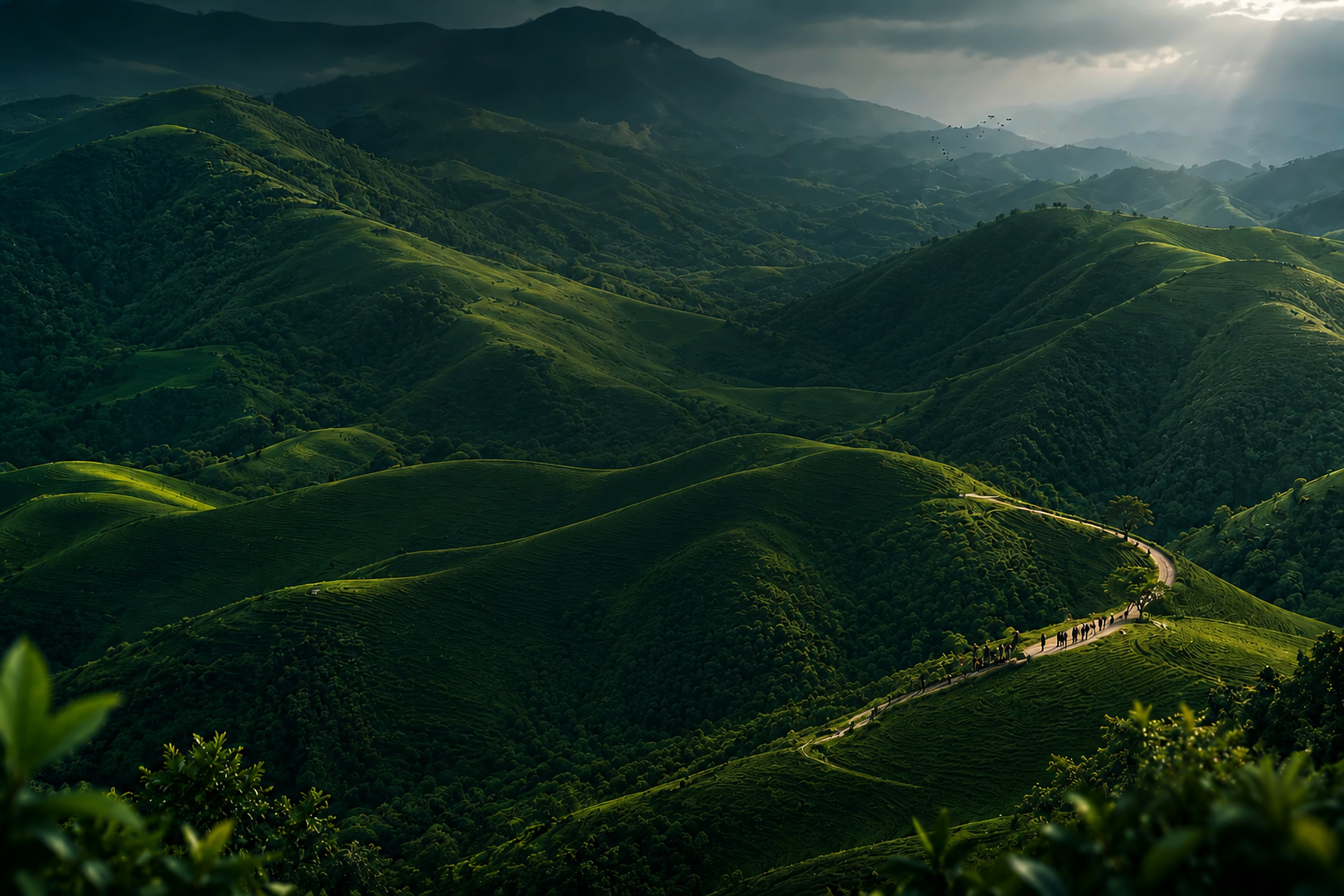 Sunlit green tea-terraced hills rolling back into misty ridgelines, with people walking a winding path